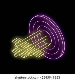 Glowing neon illustration of a target with arrows passing through the center against a dark background