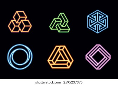 Glowing Neon Impossible Geometric Shapes Optical Illusion. Glowing Geometric Neon Symbols Set on Black Background