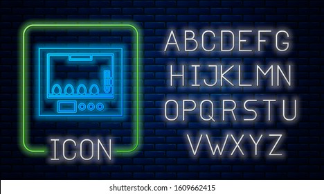 Glowing neon Incubator for eggs icon isolated on brick wall background. Neon light alphabet. Vector Illustration