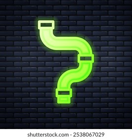 Glowing neon Industry metallic pipe icon isolated on brick wall background. Plumbing pipeline parts of different shapes.  Vector