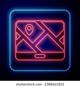 Glowing neon Infographic of city map navigation icon isolated on black background. Mobile App Interface concept design. Geolacation concept.  Vector