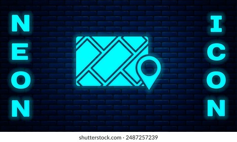 Glowing neon Infographic of city map navigation icon isolated on brick wall background. Mobile App Interface concept design. Geolacation concept.  Vector Illustration