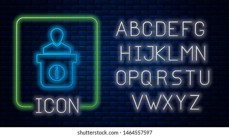 Glowing neon Information desk icon isolated on brick wall background. Man silhouette standing at information desk. Help person symbol. Information counter. Neon light alphabet. Vector Illustration