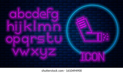Glowing neon Inhaler icon isolated on brick wall background. Breather for cough relief, inhalation, allergic patient. Medical allergy asthma inhaler spray. Neon light alphabet. Vector Illustration