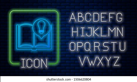 Glowing neon Interesting facts icon isolated on brick wall background. Book or article and light bulb. Neon light alphabet. Vector Illustration