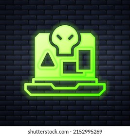 Glowing neon Internet piracy icon isolated on brick wall background. Online piracy. Cyberspace crime with file download and movies sharing.  Vector