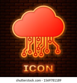 Glowing neon Internet of things icon isolated on brick wall background. Cloud computing design concept. Digital network connection.  Vector Illustration