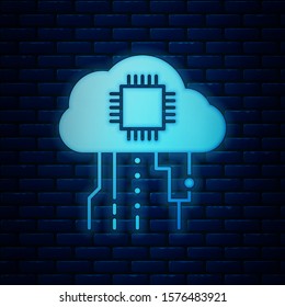 Glowing neon Internet of things icon isolated on brick wall background. Cloud computing design concept. Digital network connection.  Vector Illustration