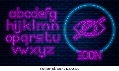 Glowing neon Invisible or hide icon isolated on brick wall background. Neon light alphabet. Vector Illustration