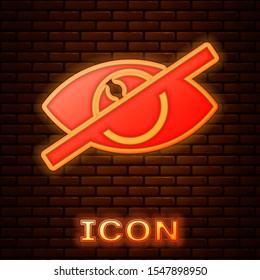 Glowing neon Invisible or hide icon isolated on brick wall background.  Vector Illustration