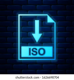 Glowing neon ISO file document icon. Download ISO button icon isolated on brick wall background.  Vector Illustration