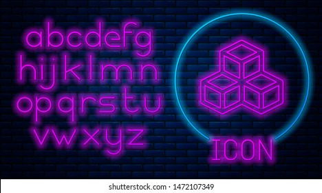 Glowing neon Isometric cube icon isolated on brick wall background. Geometric cubes solid icon. 3D square sign. Box symbol. Neon light alphabet. Vector Illustration