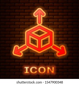 Glowing neon Isometric cube icon isolated on brick wall background. Geometric cubes solid icon. 3D square sign. Box symbol.  Vector Illustration