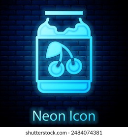 Glowing neon Jam jar icon isolated on brick wall background.  Vector