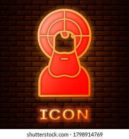 Glowing neon Jesus Christ icon isolated on brick wall background. Vector Illustration
