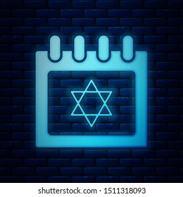 Glowing neon Jewish calendar with star of david icon isolated on brick wall background. Hanukkah calendar day.  Vector Illustration