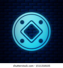 Glowing neon Jewish coin icon isolated on brick wall background. Currency symbol.  Vector Illustration