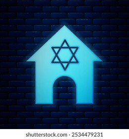 Glowing neon Jewish synagogue building or jewish temple icon isolated on brick wall background. Hebrew or judaism construction with David star.  Vector