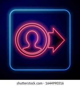 Glowing neon Job promotion icon isolated on blue background. Success, achievement, motivation business symbol, growth.  Vector Illustration