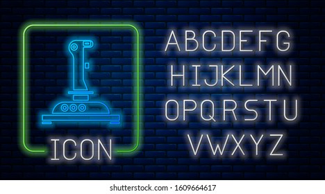 Glowing neon Joystick for arcade machine icon isolated on brick wall background. Joystick gamepad. Neon light alphabet. Vector Illustration