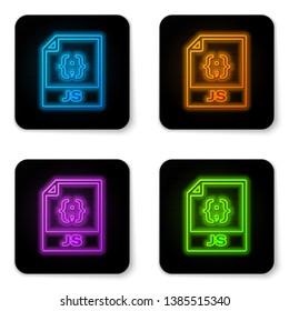 Glowing neon JS file document icon. Download js button icon isolated on white background. JS file symbol. Black square button. Vector Illustration