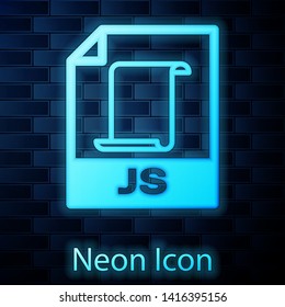 Glowing neon JS file document icon. Download js button icon isolated on brick wall background. JS file symbol. Vector Illustration