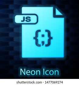 Glowing neon JS file document. Download js button icon isolated on brick wall background. JS file symbol.  Vector Illustration