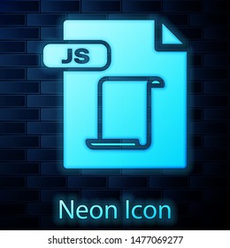 Glowing neon JS file document. Download js button icon isolated on brick wall background. JS file symbol.  Vector Illustration