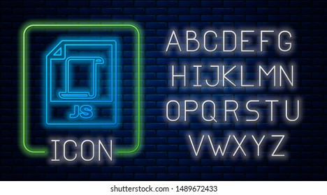 Glowing neon JS file document. Download js button icon isolated on brick wall background. JS file symbol. Neon light alphabet. Vector Illustration