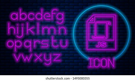 Glowing neon JS file document. Download js button icon isolated on brick wall background. JS file symbol. Neon light alphabet. Vector Illustration