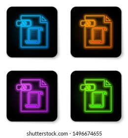 Glowing neon JS file document. Download js button icon isolated on white background. JS file symbol. Black square button. Vector Illustration