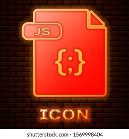 Glowing neon JS file document. Download js button icon isolated on brick wall background. JS file symbol.  Vector Illustration