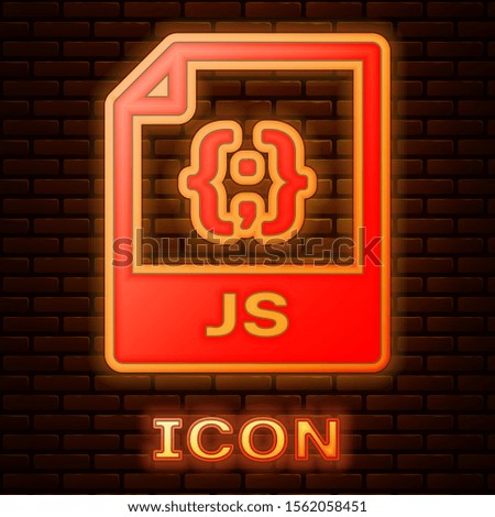 Glowing neon JS file document. Download js button icon isolated on brick wall background. JS file symbol.  Vector Illustration