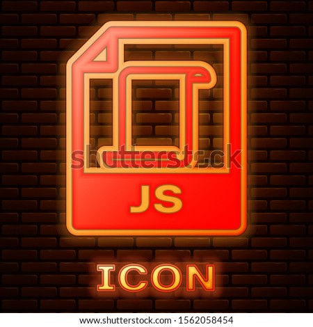 Glowing neon JS file document. Download js button icon isolated on brick wall background. JS file symbol.  Vector Illustration
