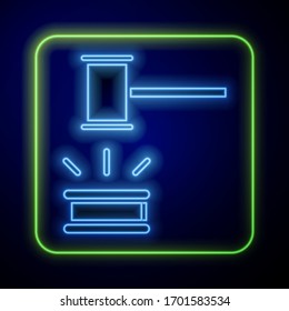 Glowing neon Judge gavel icon isolated on blue background. Gavel for adjudication of sentences and bills, court, justice. Auction hammer.  Vector Illustration