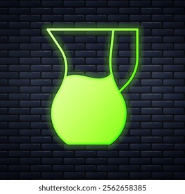 Glowing neon Jug glass with water icon isolated on brick wall background. Kettle for water. Glass decanter with drinking water.  Vector