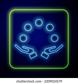 Glowing neon Juggling ball icon isolated on blue background.  Vector