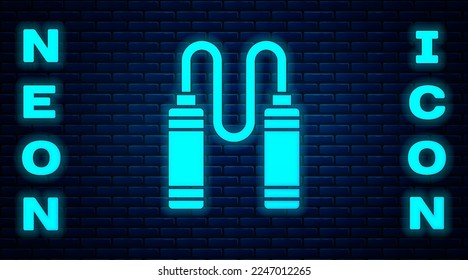 Glowing neon Jump rope icon isolated on brick wall background. Skipping rope. Sport equipment.  Vector