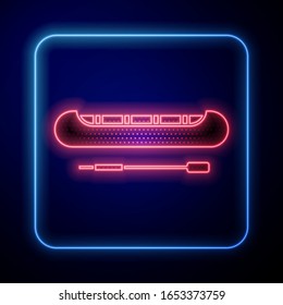 Glowing neon Kayak and paddle icon isolated on blue background. Kayak and canoe for fishing and tourism. Outdoor activities.  Vector Illustration