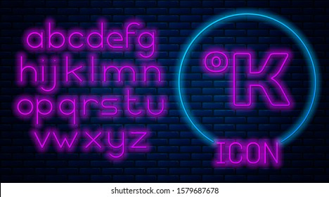 Glowing neon Kelvin icon isolated on brick wall background. Neon light alphabet. Vector Illustration