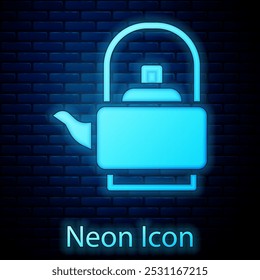 Glowing neon Kettle with handle icon isolated on brick wall background. Teapot icon.  Vector