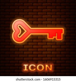 Glowing neon Key in heart shape icon isolated on brick wall background. Valentines day symbol.  Vector Illustration