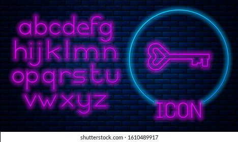 Glowing neon Key in heart shape icon isolated on brick wall background. Valentines day symbol. Neon light alphabet. Vector Illustration