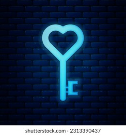 Llave de neón brillante en un icono de forma cardíaca aislado en un fondo de pared de ladrillo. 8 de marzo. Día Internacional de la Mujer Feliz.  Ilustración vectorial