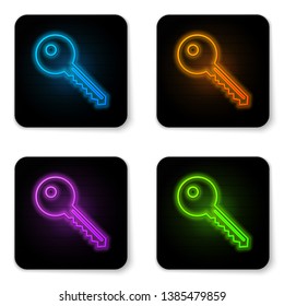Glowing neon Key icon isolated on white background. Black square button. Vector Illustration