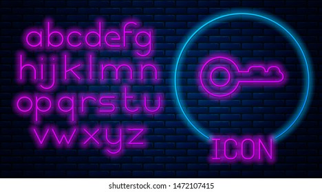 Glowing neon Key icon isolated on brick wall background. Neon light alphabet. Vector Illustration