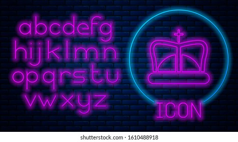 Glowing neon King crown icon isolated on brick wall background. Neon light alphabet. Vector Illustration