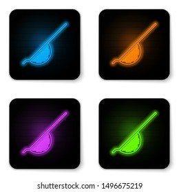 Glowing neon Kitchen colander icon isolated on white background. Cooking utensil. Cutlery sign. Black square button. Vector Illustration