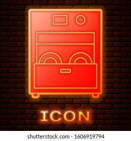 Glowing neon Kitchen dishwasher machine icon isolated on brick wall background.  Vector Illustration