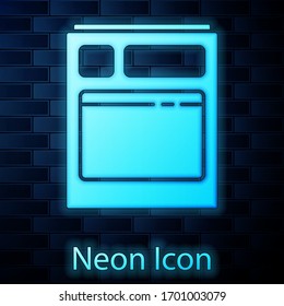Glowing neon Kitchen dishwasher machine icon isolated on brick wall background. Vector Illustration